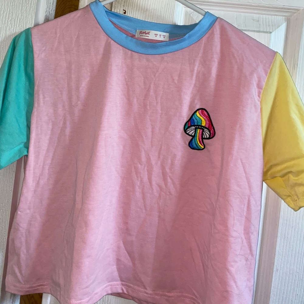 Mushroom embroidered pastel cropped tee